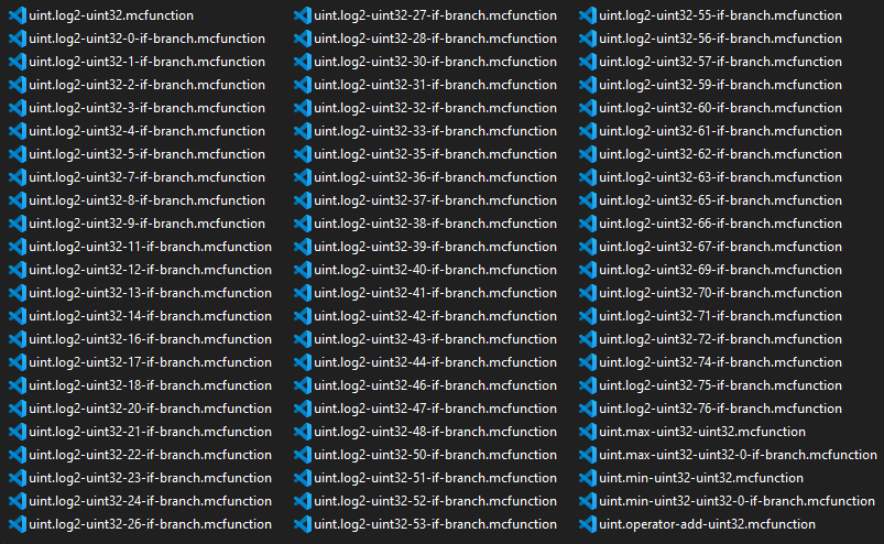 A screenshot of some mcfunction files related to implementing log2. There are 64 files.