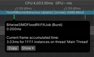 A screenshot of the Unity profiler. The actual work recorded consists of tiny blobs, very far apart.